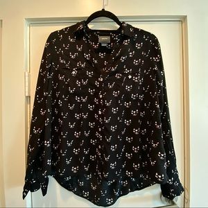 Black, long sleeve, button down blouse, with cat faces